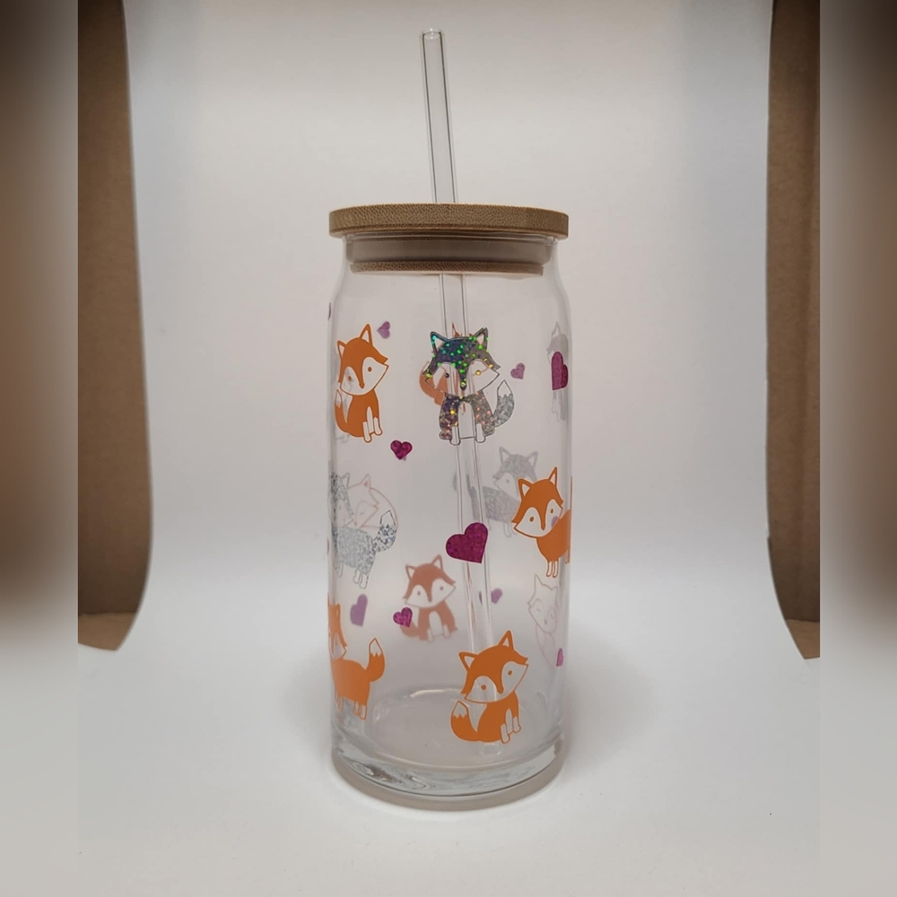 Fox Print Glass Tumbler with Straw